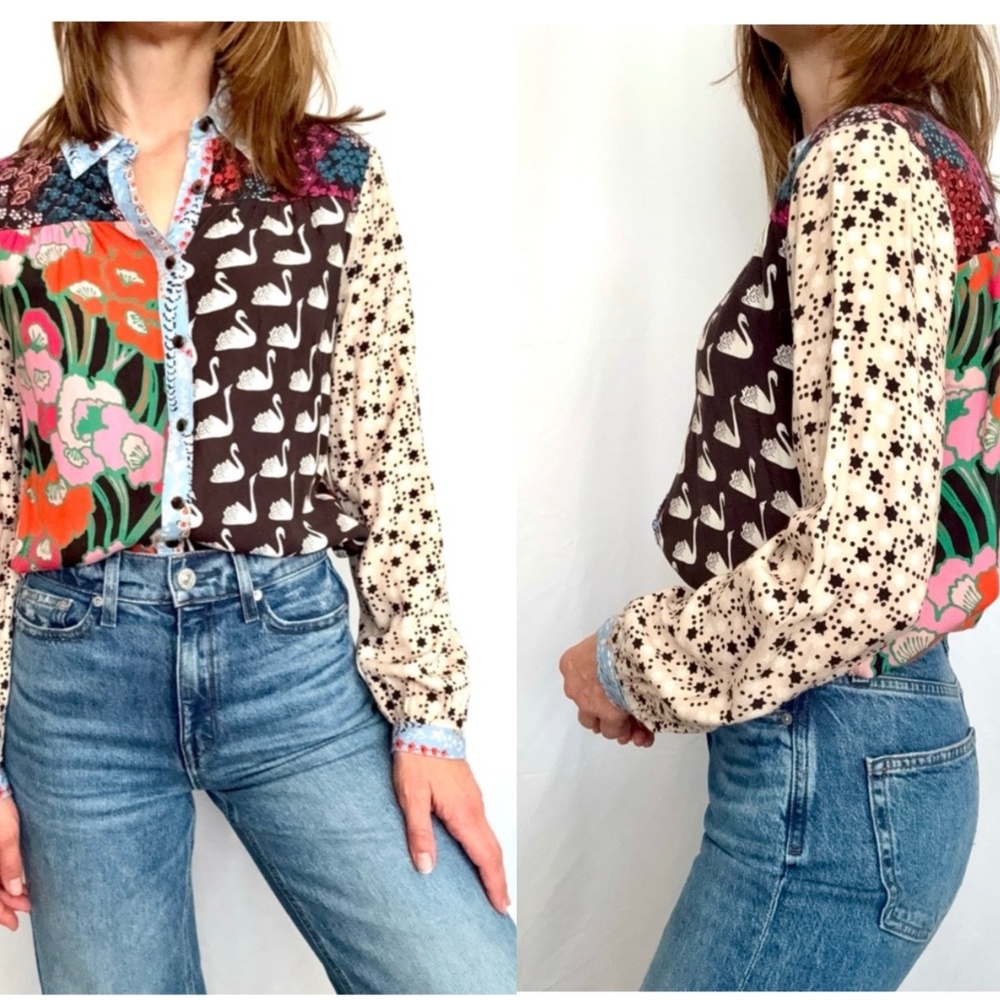 The Paz Button Down Shirt by Maeve Multi Color Multi Pattern Sz XL